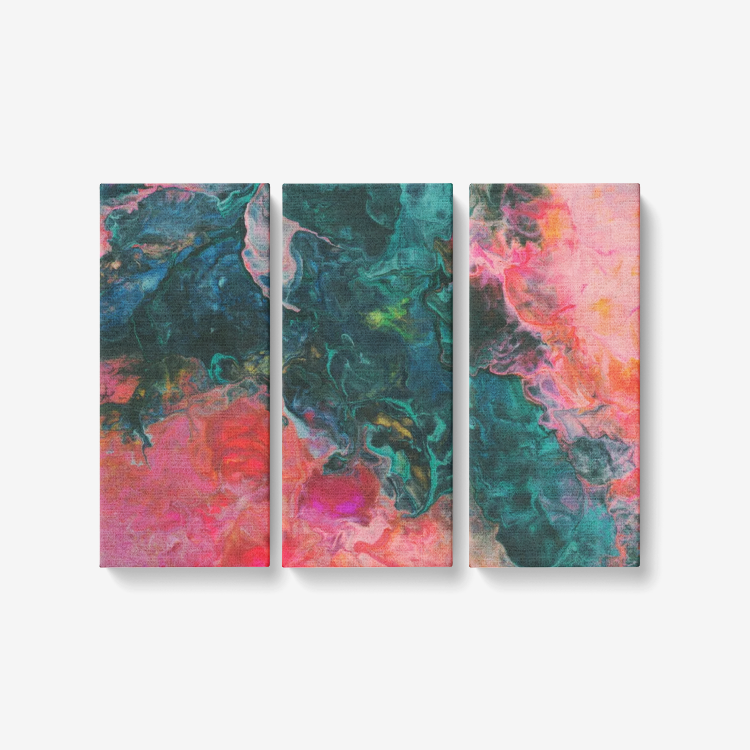 Feel the Borboleta Pink and Teal Acrylic Pour 3 Piece Canvas Wall Art for Living Room - Framed Ready to Hang 3x8"x18"