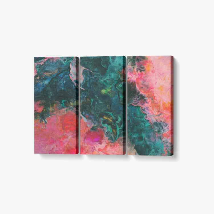 Feel the Borboleta Pink and Teal Acrylic Pour 3 Piece Canvas Wall Art for Living Room - Framed Ready to Hang 3x8"x18"